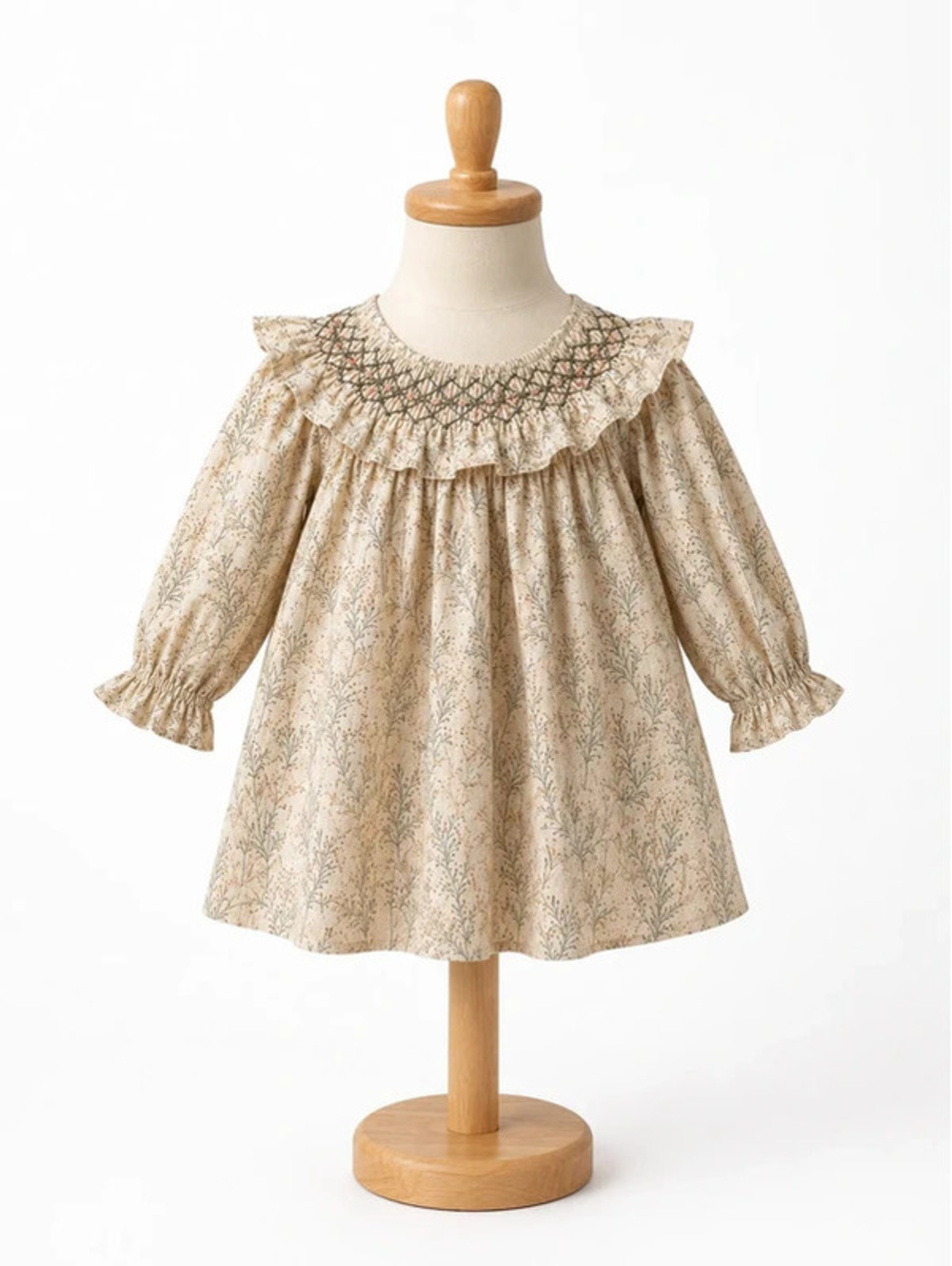 No Label Cream Smocked Long Sleeve Baby Dress, 12-18 Months, 100% Cotton